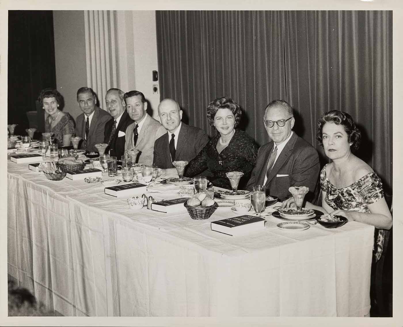 Literary luncheon (from left: Helen Palmer Geisel, Ted Seuss Geisel, Donald Klopfer, William Styron, Jerry Weidman, Phyllis Cerf, Bennett Cerf, Peggy Weidman), Cerf Papers, RBML Columbia, courtesy Bonnie Crosby.