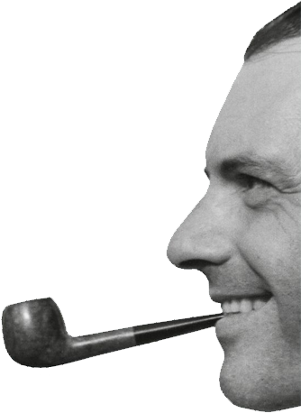 Side image of Bennett Cerf with a pipe in his mouth and smiling.